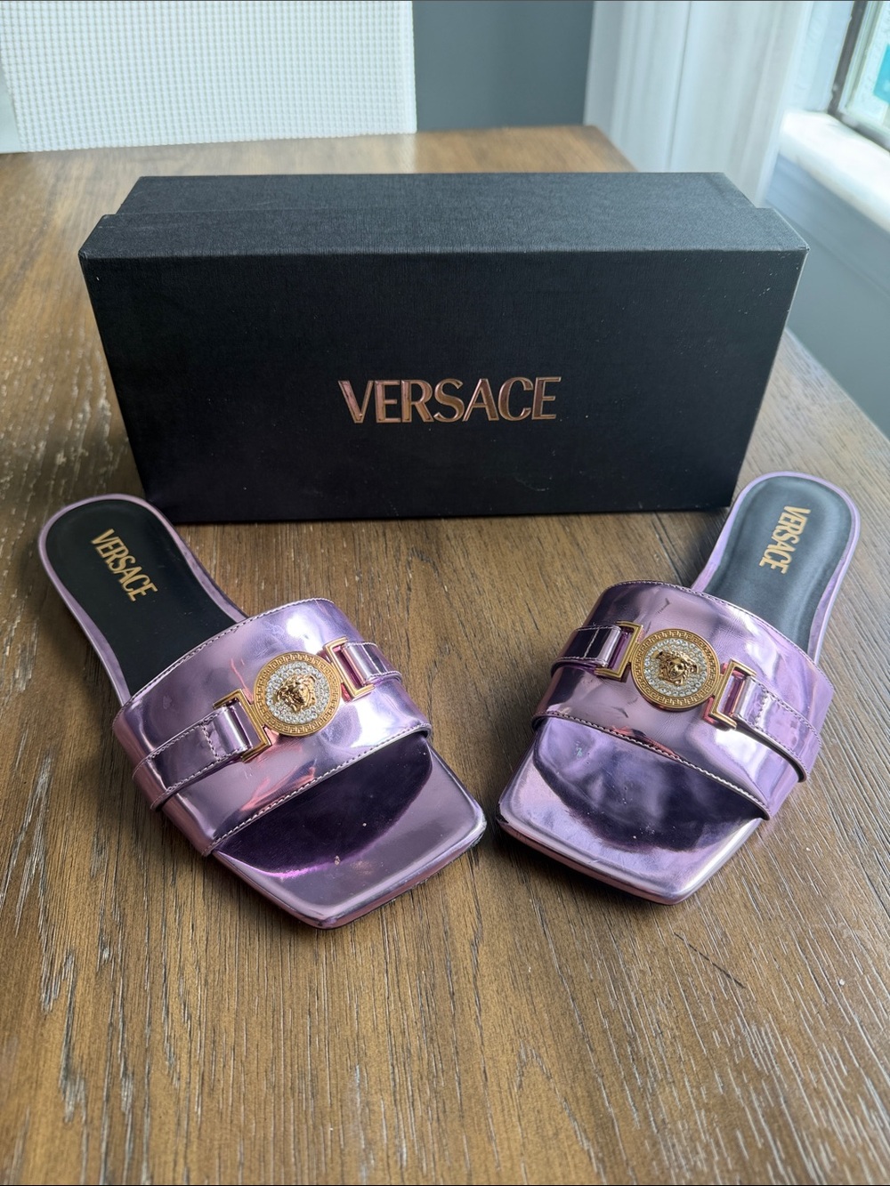 Versace Metallic Lilac Slide Sandals with Gold Medusa Medallion